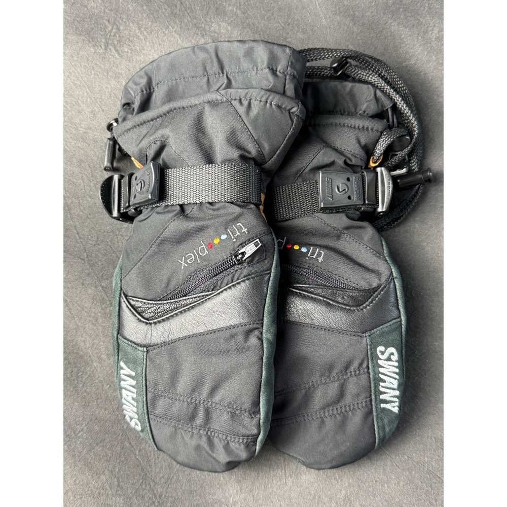 Swany Tri-plex Kids Ski Mittens Black Leather Palm Winter Snow Gloves Youth S/M